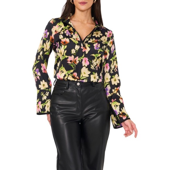 Vince Camuto Tops - Vince Camuto Womens Floral Long Sleeve Split Neck Blouse Top Black‎ XS NWT